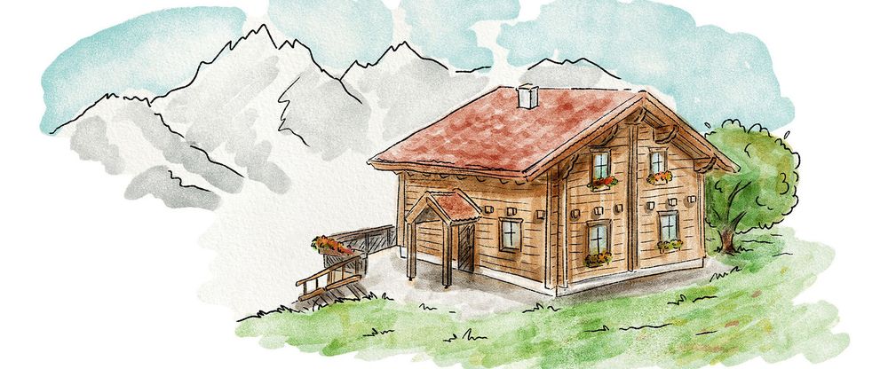 Eine Aquarell-Illustration eines österreichisch-bayerischen Holzhauses mit Terrasse und Blick auf die Alpen