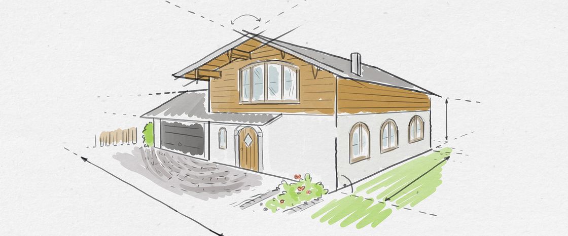 Eine Illustration eines rustikalen Familienhauses aus Holz mit illustrativen Planungselementen