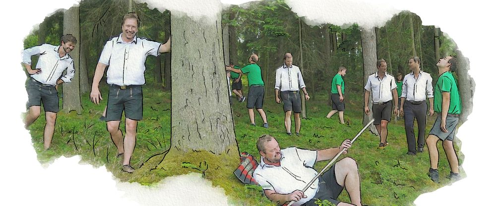 Mitarbeiter der Zimmerei Brunthaler gehen im Wald umher und unterhalten sich