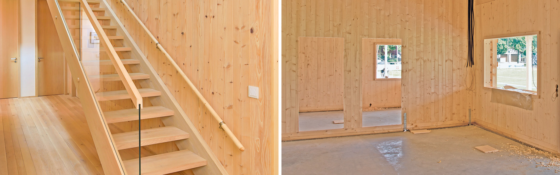 Foto-Collage eines Holzhauses, das bereits bezugsfertig ist und einer Baustelle eines Holzhauses.