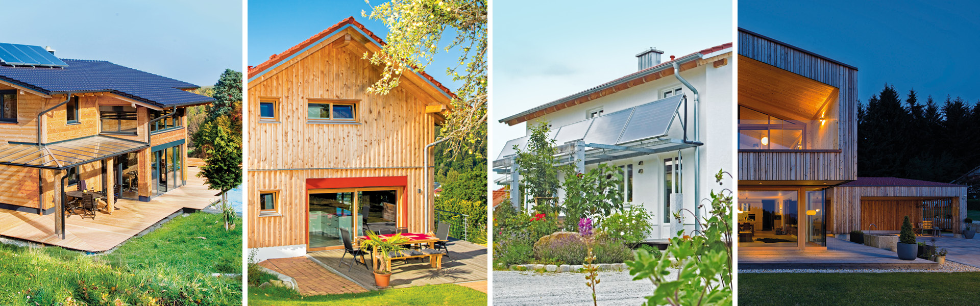 Foto-Collage aus vier Massivholzhäusern mit unterschiedlichem Aussehen und Fassadengestaltung